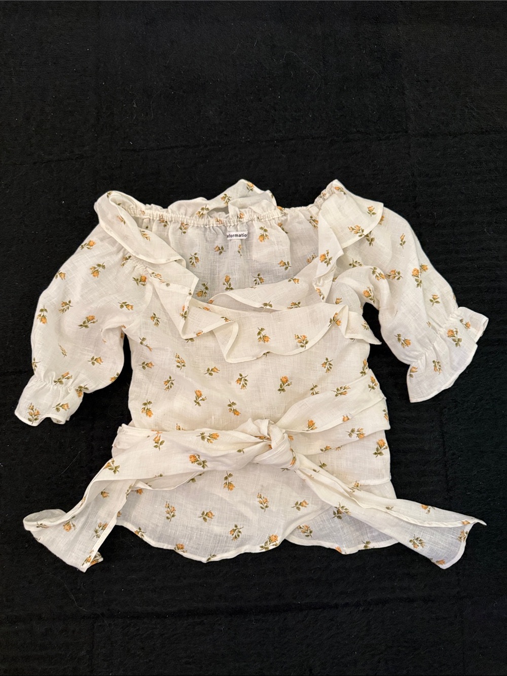 Reformation Floral Ruffle Tie-Waist Peasant Top - Cream with Yellow Floral